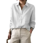 Factory Direct Sales Women's Summer Linen Cotton Button-up Blouse Casual Collar Long-sleeved Shirt - Image 3