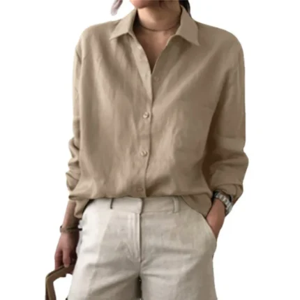Factory Direct Sales Women's Summer Linen Cotton Button-up Blouse Casual Collar Long-sleeved Shirt